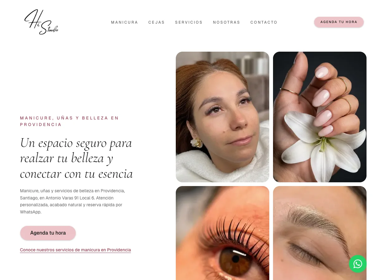 Sitio de HiStudio: presentación del estudio de belleza en Providencia y acceso a reserva por WhatsApp.